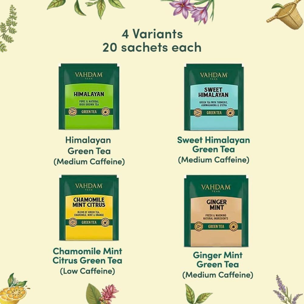 Green Tea Assortment Gift Set, 4 Flavors, 20 Pyramid Tea Bags Each