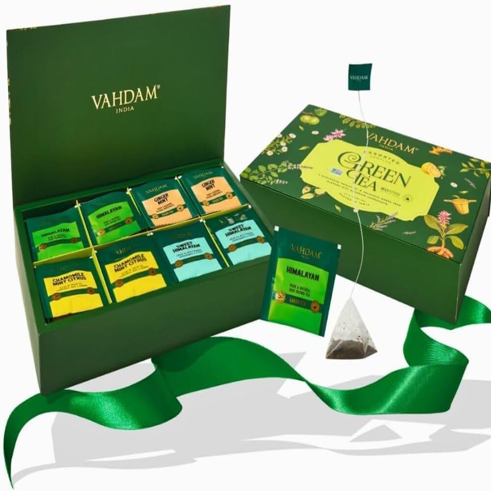 Green Tea Assortment Gift Set, 4 Flavors, 20 Pyramid Tea Bags Each