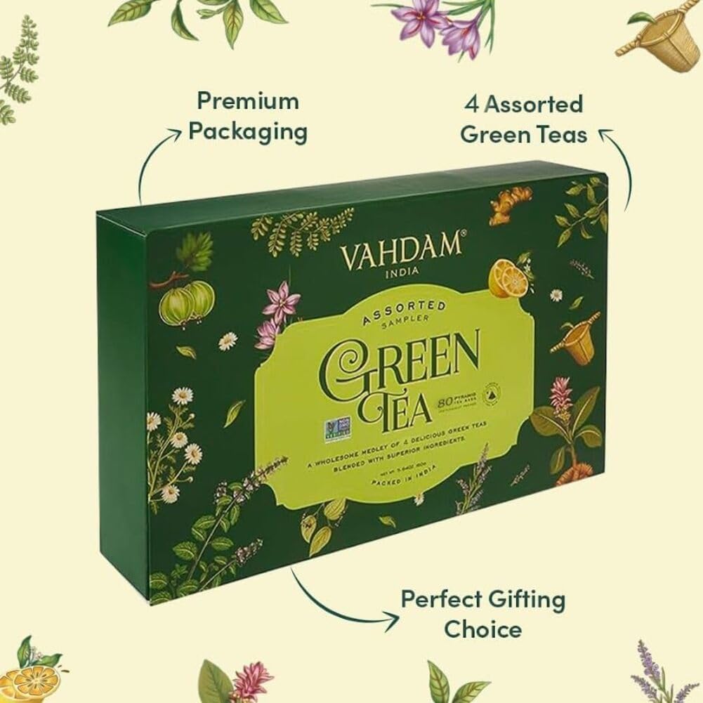 Green Tea Assortment Gift Set, 4 Flavors, 20 Pyramid Tea Bags Each